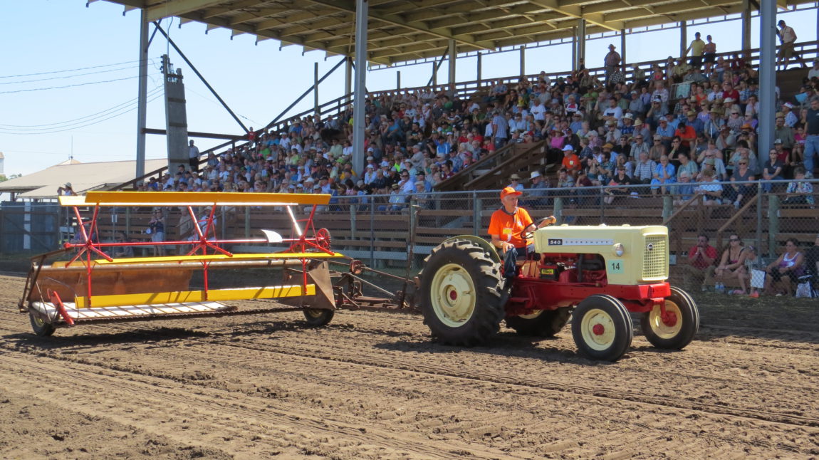 A Cockshutt 540 driven by Gilbert Vust of Portage la Prairie parading on Friday. The tractor is pulling a Cockshutt Number 2 swather restored for the Manitoba Agricultural Museum by Mr. Vust.
